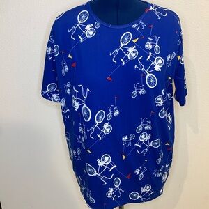 Top LulaRoe blue w/ white bicycles with yellow & red bike flag sporty top XS